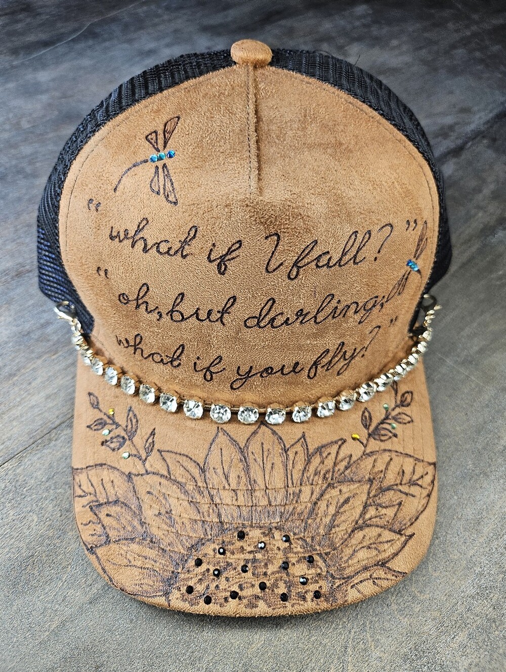 NEW Custom Tan Suede Trucker Hat With Rhinestones And Hat Band